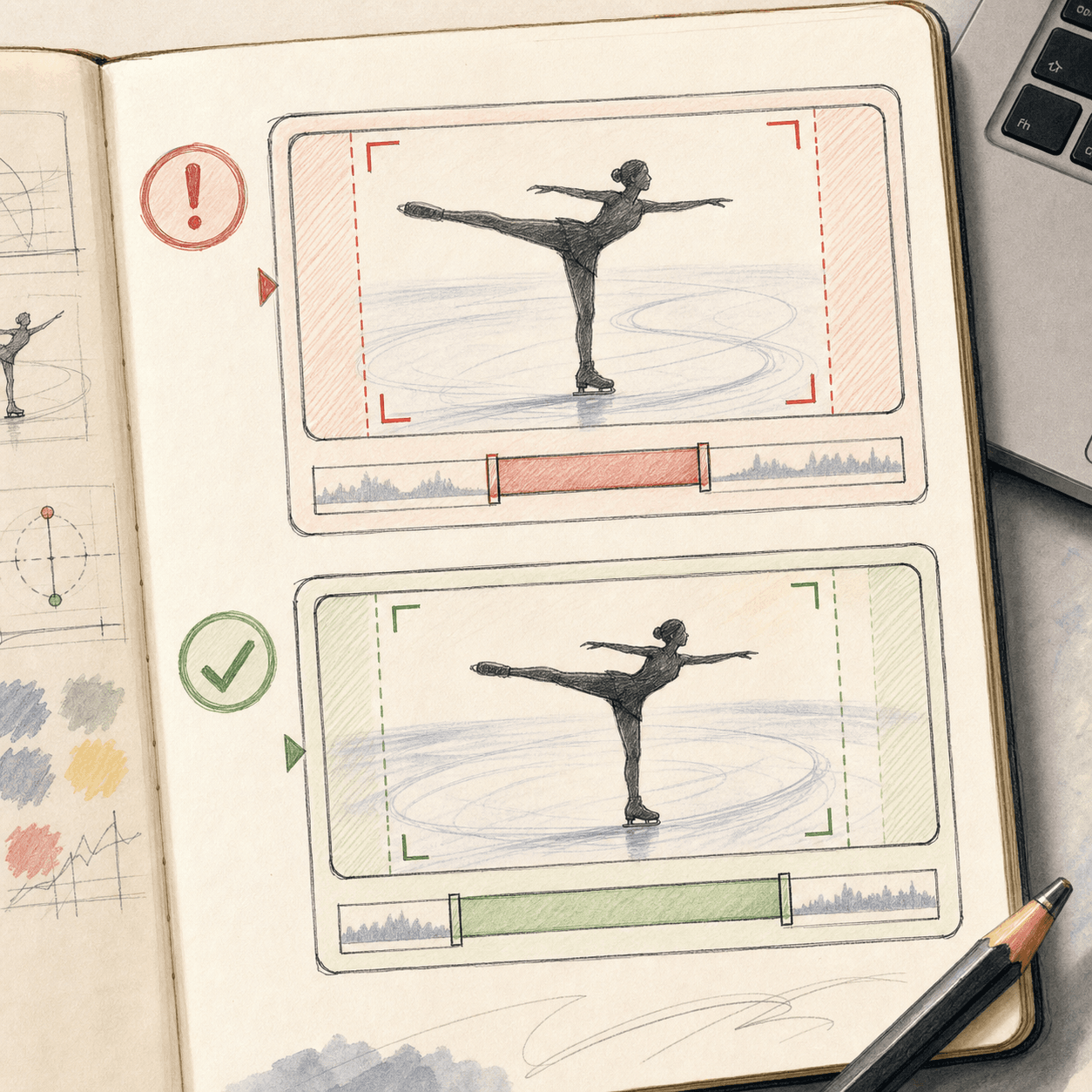 Hand-drawn figure-skating video trim UI showing a too-tight clip and a corrected padded clip.