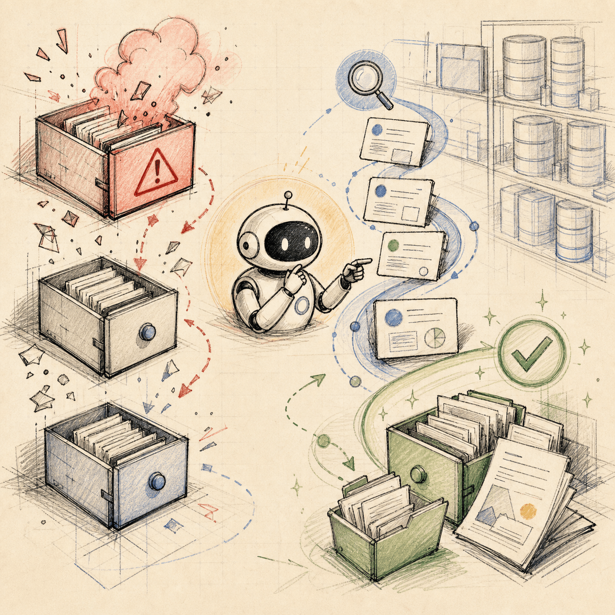Hand-drawn incident-response illustration with abstract cache drawers and recovered audit evidence.