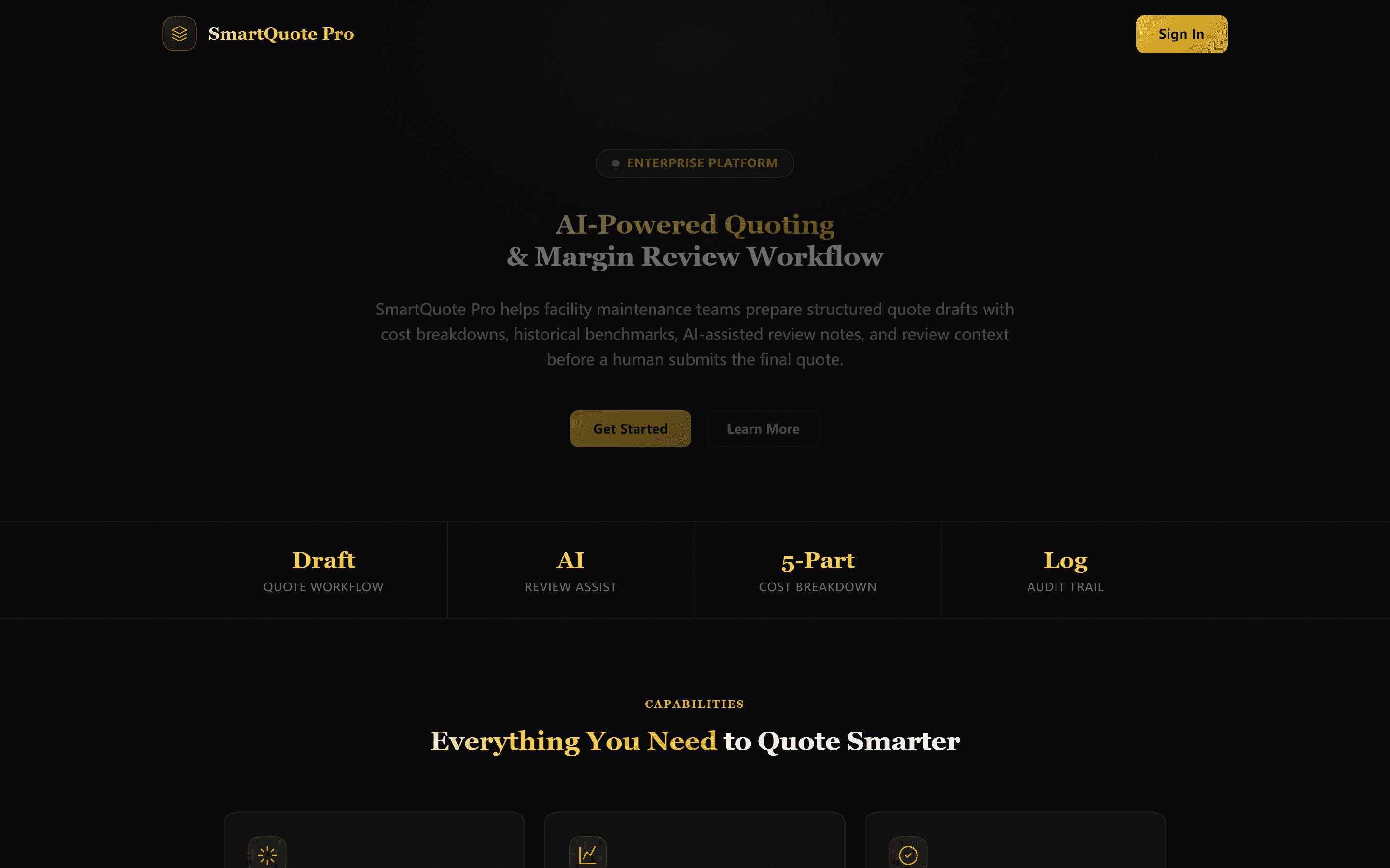 SmartQuote Pro — system landing