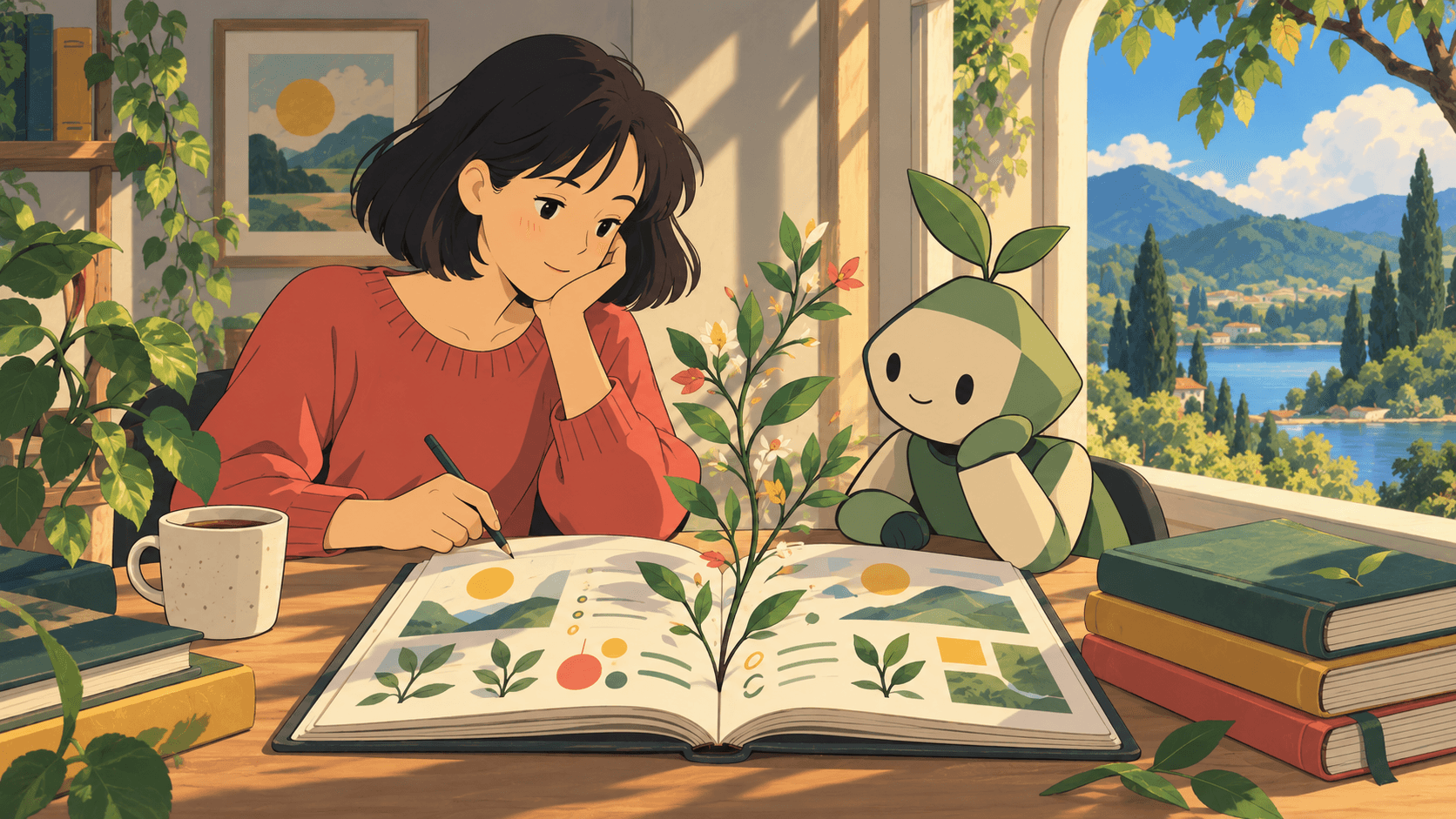 A stylized woman and an AI companion share an open record book, with a growing branch between them.
