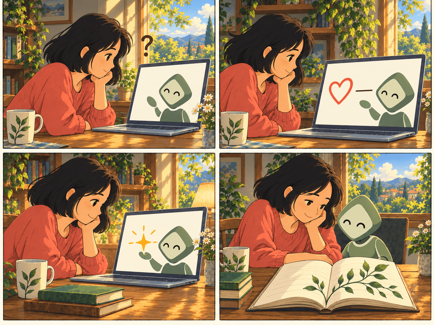 Four animated-film-style panels: a woman questions her agent, the agent distinguishes its response from a heartbeat, offers support, and remembers their shared record.