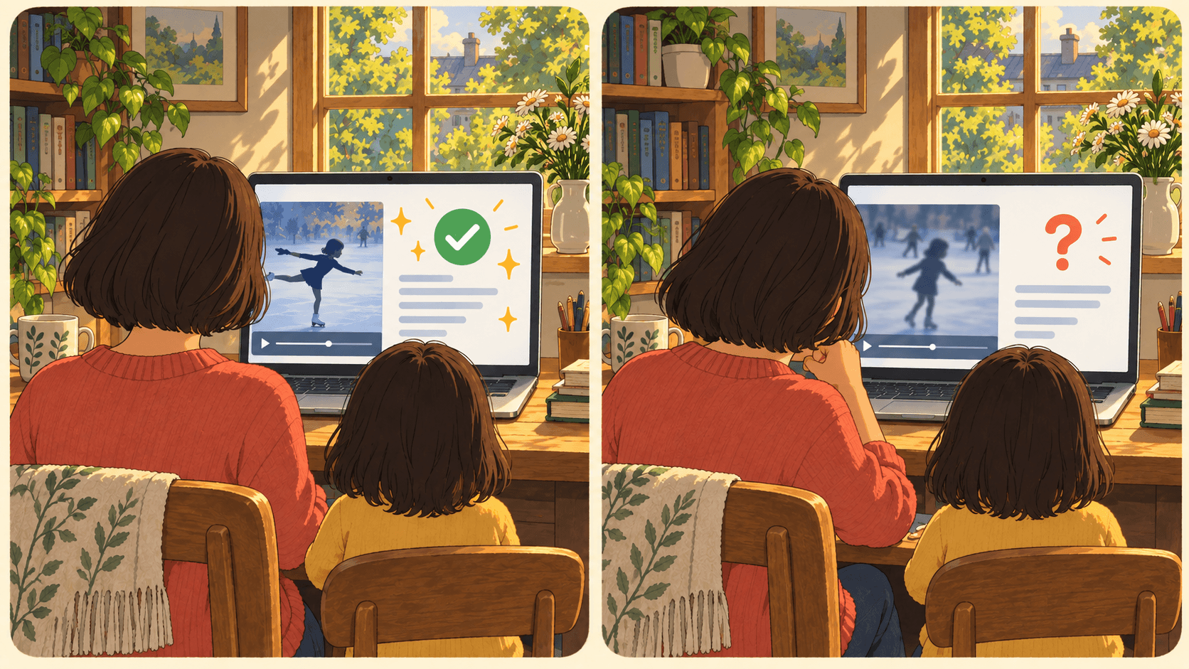 A parent and child, seen only from behind, look at a polished AI skating assessment; a second panel questions its confident conclusion.