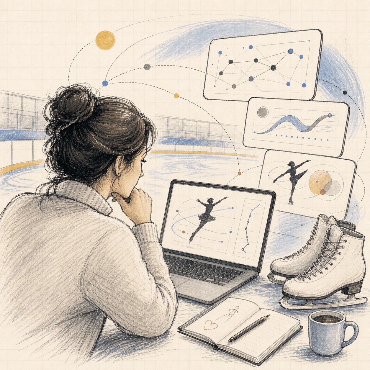 Hand-drawn female founder analyzing a figure-skating video with abstract AI cards.