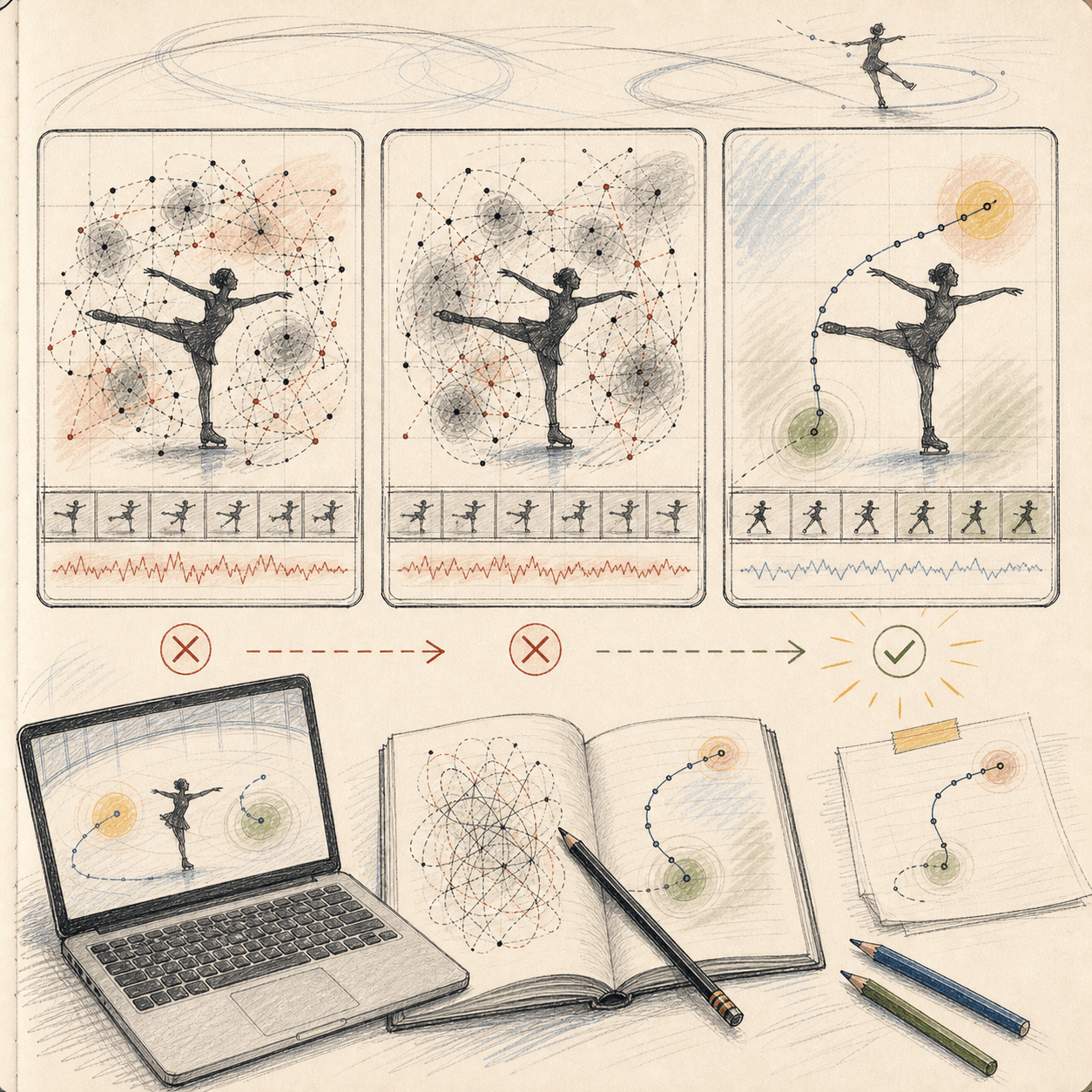 Hand-drawn figure-skating debugging panels moving from noisy signals to a clean result.