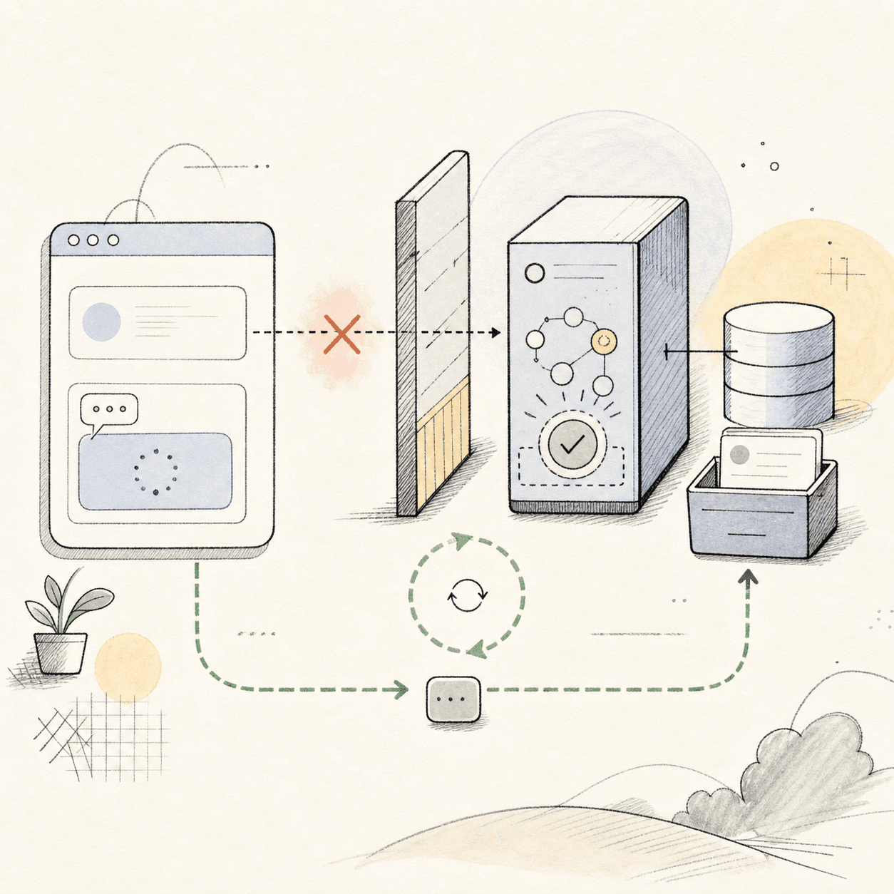 Hand-drawn systems diagram showing a browser timeout, server success, and polling fallback.