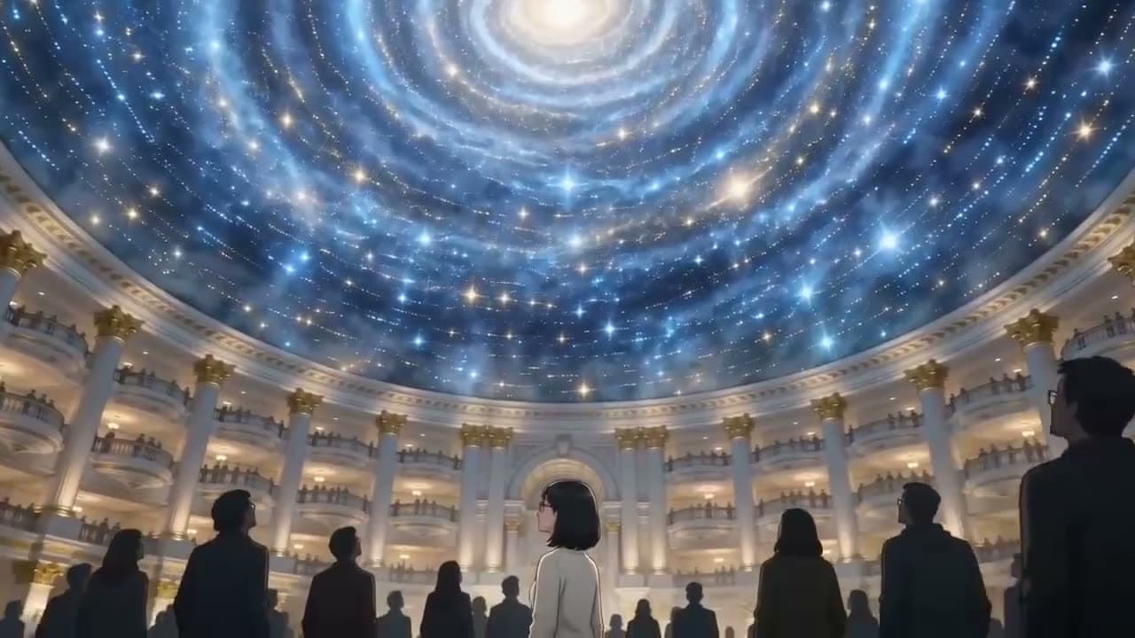 A crowd in silhouette stands under a vast domed ceiling filled with swirling starlight.