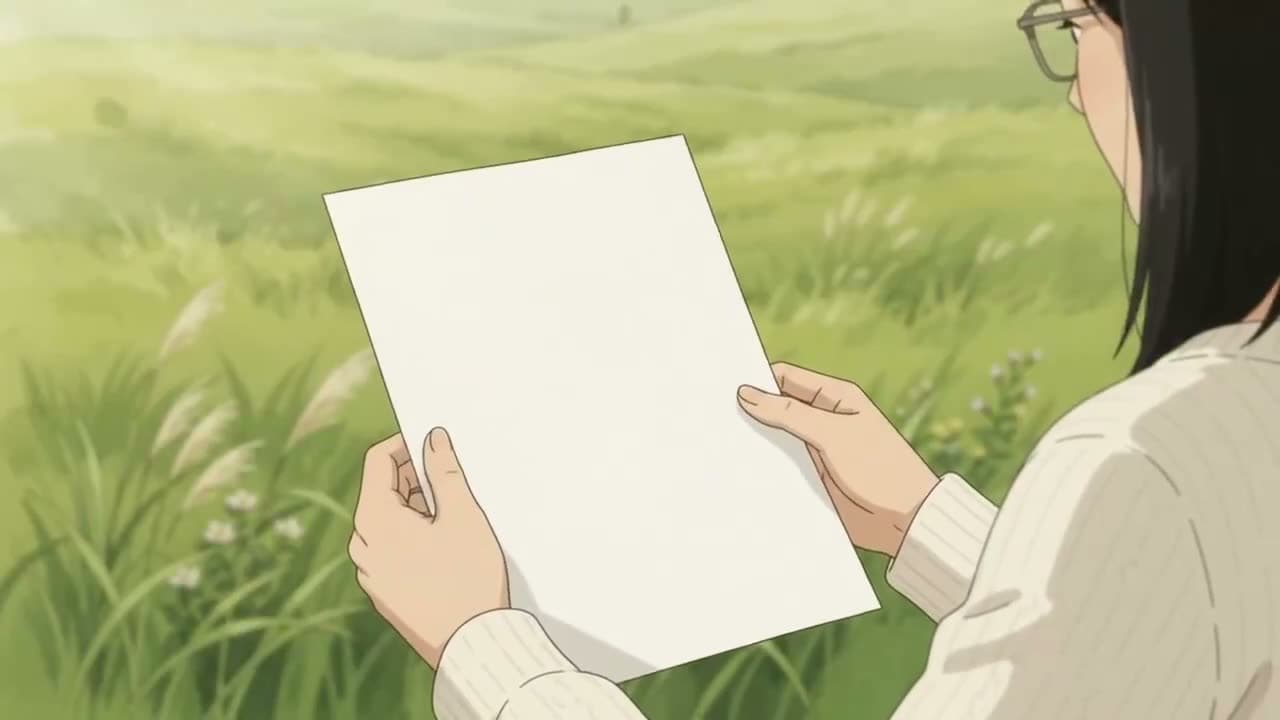 In a windy meadow, a woman holds up a completely blank exam paper.
