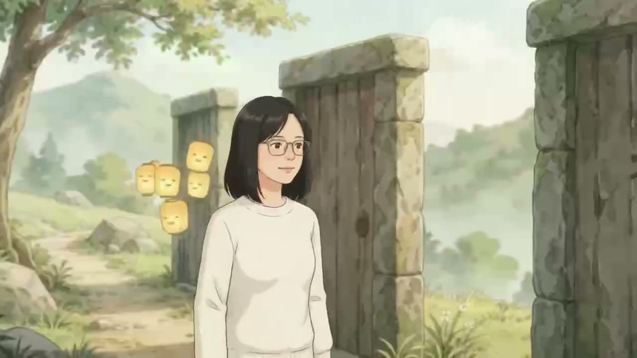 On a hillside path, a stone gate glows green as a woman touches it; two more gates stand behind.