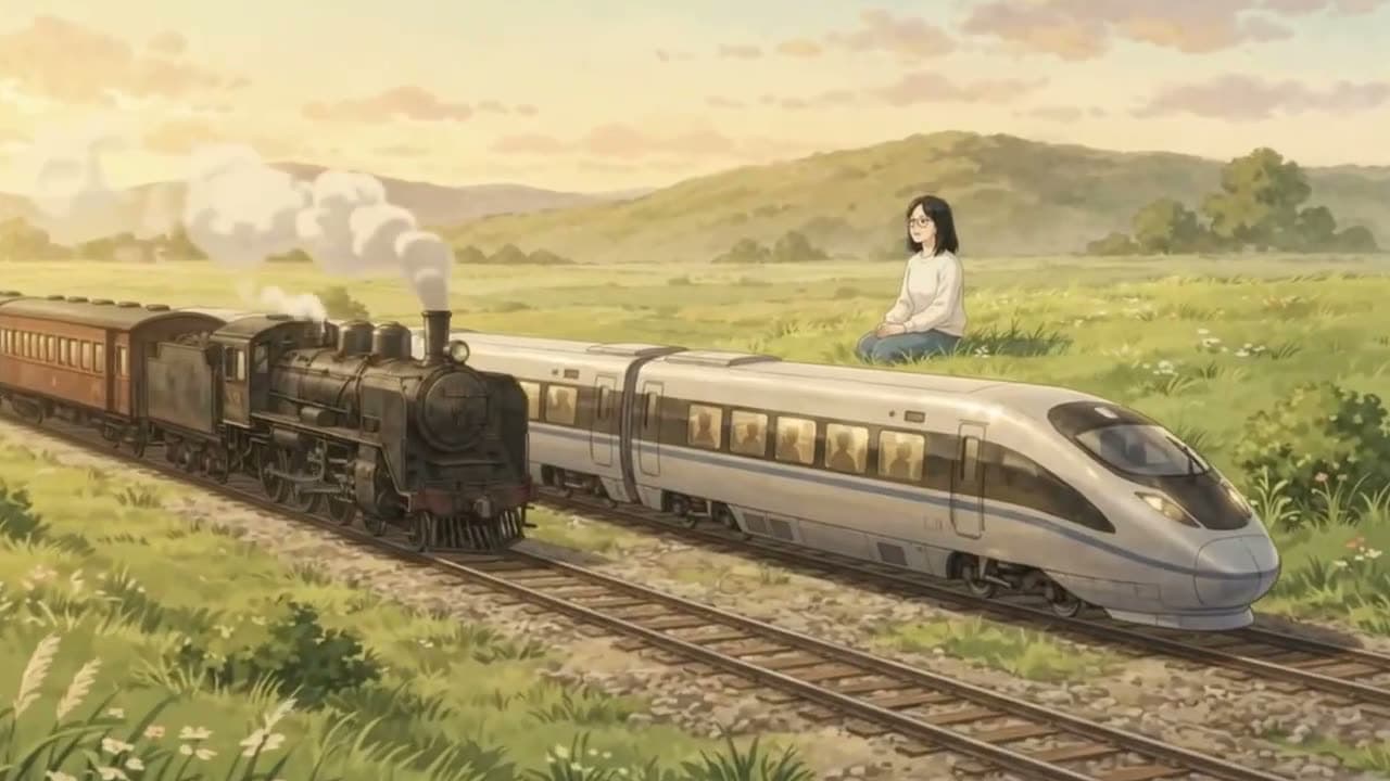 An old steam train and a modern train run side by side through a meadow while a woman watches from a hill.