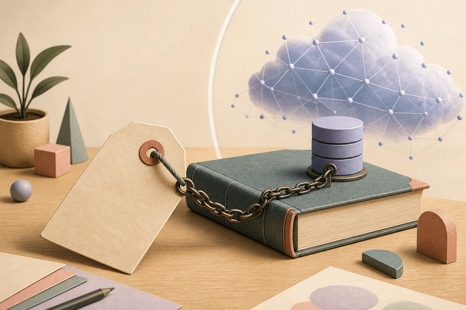 Concept illustration of a blank price tag chained to a ledger and database while an abstract AI cloud stays outside a boundary.